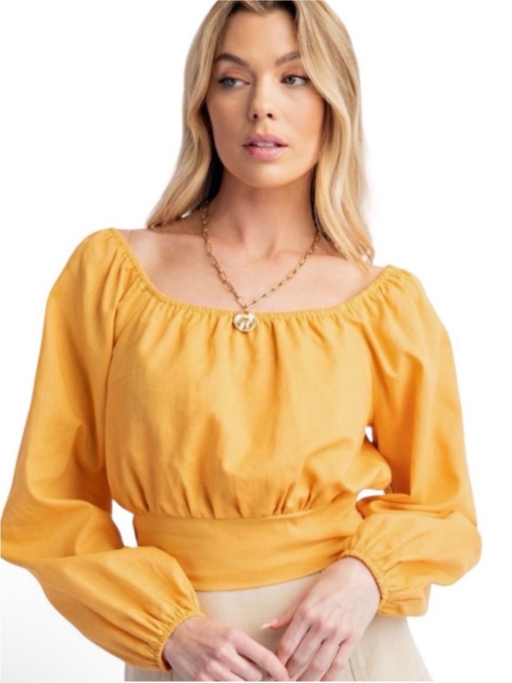 Easel NWT Golden Yellow Off Shoulder Crop Top Size Medium Boho Long Sleeve
